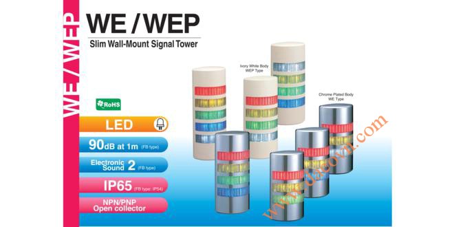 WE-302FB-RYG Đèn tháp bán nguyệt gắn tường Patlite Φ90 Bóng LED 3 tầng Còi Buzzer 90dB IP54