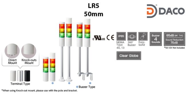 LR5-201QJBW-RG Đèn tháp Patlite Φ50 Bóng LED 2 tầng Còi Buzzer 85dB IP65