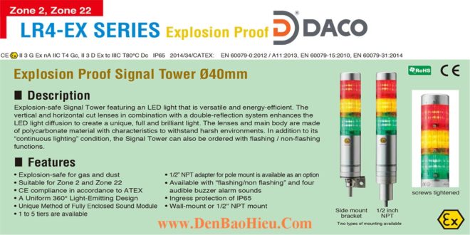LR4-502WJNU-RYGBC-EX Đèn tháp phòng nổ Patlite Φ40 Bóng LED 5 tầng IP65, Zone 2