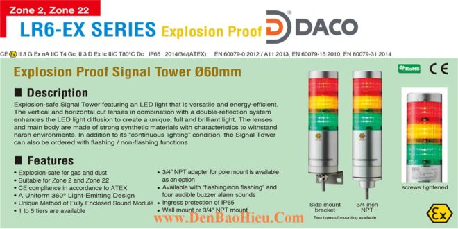 LR6-302NJBU-RYG-EX Đèn tháp phòng nổ Patlite Φ60 Bóng LED 3 tầng Còi Buzzer 85dB IP65, Zone 2
