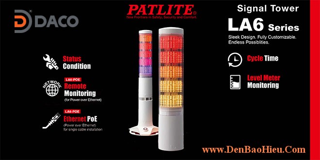 LA6-5DSNWB-POE Đèn tháp LAN POE báo hiệu Patlite Φ60 Bóng LED 5 tầng Còi 11 âm báo 85dB IP20